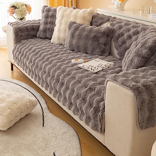 JUNLEBUYI Sofabezug 4/3/2/1 Sitzer L/U Form/Ecksofa Sofa überwurfdecke, Kunstfell Kaninchen Plüsch Couch Bezüge rutschfest Sofaschutz Decke Hund Kratzschutz Katze (110 * 110cm,Grau1#) von JUNLEBUYI