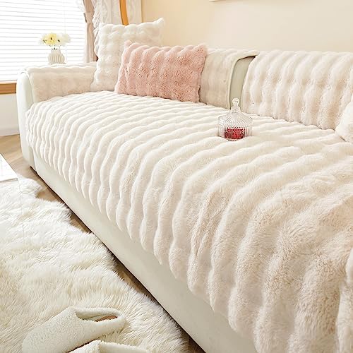 JUNLEBUYI Sofabezug 4/3/2/1 Sitzer L/U Form/Ecksofa Sofa überwurfdecke, Kunstfell Kaninchen Plüsch Couch Bezüge rutschfest Sofaschutz Decke Hund Kratzschutz Katze (110 * 110cm,Weiss) von JUNLEBUYI