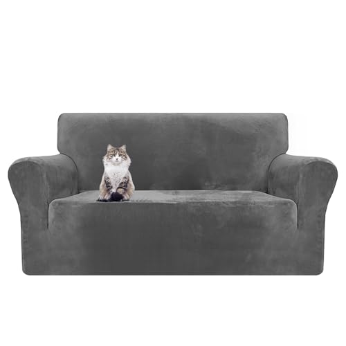 JUNLEBUYI Stretch Sofa überzug 1 2 3 4 Sitzer Samt Elastische Sofabezug Mit Armlehnen Sofahusse Waschbarer, Kratzfester rutschfest Sofaüberwurf Für Hunde Katzen Und Haustiere (Grau,2 Sitzer) von JUNLEBUYI