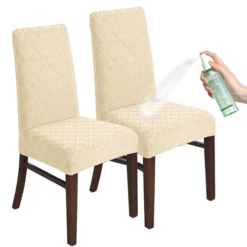 JUNLEBUYI Stuhlhussen 2er Set, Stuhlüberzug Stretch Wasserdicht Jacquard Universal Hussen Abnehmbare Stuhlbezug Für Haus, Bankett, Hochzeit, Party, Küche, Hotel, Restaurant(Beige,2er Set) von JUNLEBUYI