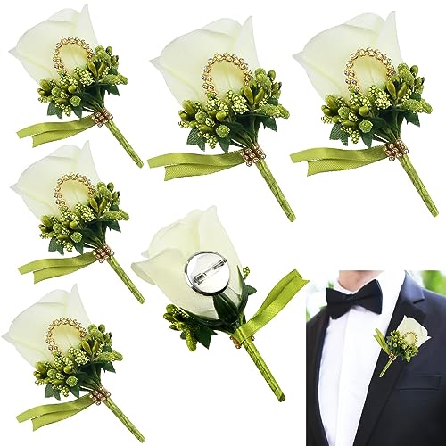 JUNMEIDO 6 Stück Boutonniere Rose Weiß Hochzeit Boutonniere Handarbeit Corsage Knopfloch Blumen Künstliche Hochzeit Prom Bankett Blumen Dekor mit Schleife & Clip für Bräutigam Herren Braut Frauen von JUNMEIDO