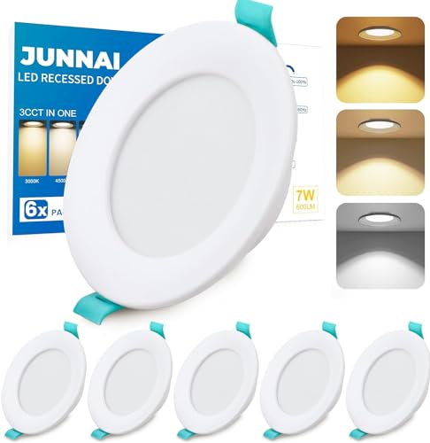 LED Einbaustrahler 230V,7W Dimmbar Ultra Flach Deckenspots 70mm-90mm EinbauØ,Warmweiß Neutralweiß Kaltweiß Einstellbar Einbauleuchten, IP44 Deckenstrahler für Badezimmer Küche Wohnzimmer,6er Set von JUNNAI