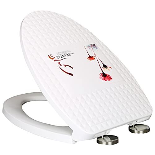 Toilettendeckel, WC Sitz mit Absenkautomatik,Toilettendeckel mit 3D-Muster in Weiß,Quick-Release Funktion für Einfach Reinigung,Hochleistungs-WC-Deckel aus Oval,Exklusives Öffnungsdesign Dandelion von JUNNIU