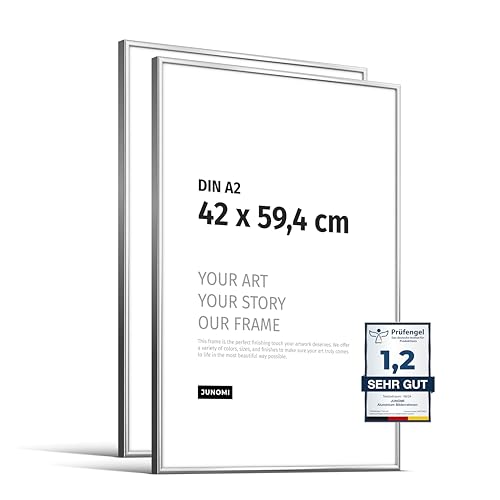 JUNOMI® 2 x Bilderrahmen DIN A2 (42x59,4 cm) Aluminium | Farbe Silber (glänzend) | Wanddeko Metall mit bruchsicherem Acryl-Glas | Bilderrahmen Metall von JUNOMI