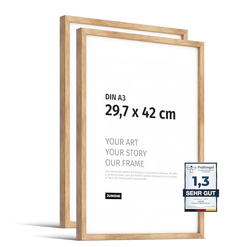 JUNOMI® 2 x Premium Bilderrahmen Eiche DIN A3 (29,7x42 cm) | Echtholz Bilderrahmen DIN A3 aus Eiche mit bruchsicherem Acryl-Glas | Eichenrahmen von JUNOMI