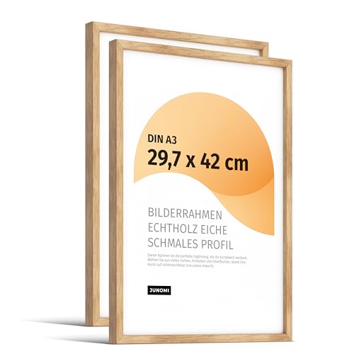 JUNOMI® 2 x Premium Bilderrahmen Eiche DIN A3 (29,7x42 cm) | Echtholz Bilderrahmen DIN A3 aus Eiche mit bruchsicherem Acryl-Glas | Eichenrahmen von JUNOMI