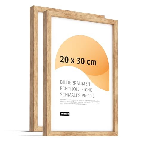 JUNOMI® 2er Set Premium Bilderrahmen 20 x 30 cm aus Eiche mit bruchsicherem Acryl-Glas | Vertikale & horizontale Aufhängung, Tischaufsteller | Schmales Profil von JUNOMI