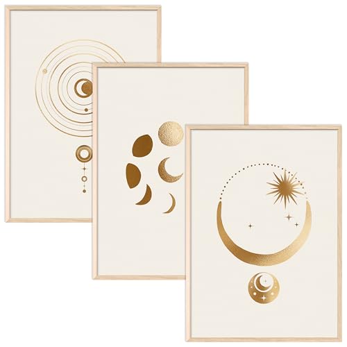 JUNOMI® 3er Set Mond Poster DIN A2 | Boho Deko, Gold, Minimalistisch, Yoga Zubehör, Mond Poster, Meditation | Mit Rahmen Natur von JUNOMI