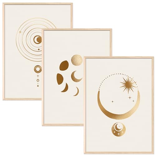 JUNOMI® 3er Set Mond Poster DIN A3 | Boho Deko, Gold, Minimalistisch, Yoga Zubehör, Mond Poster, Meditation | Mit Rahmen Natur von JUNOMI