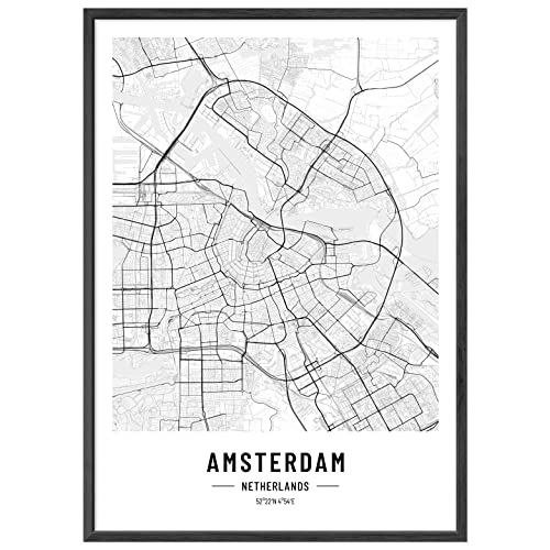 JUNOMI® Amsterdam Poster XL Schwarz Weiss, DIN A2 Wohnzimmer Deko, Modernes Wandbild, Amsterdam Bild, Wandbild ohne Rahmen, Stadtplan Poster Amsterdam, perfekte Geschenkidee von JUNOMI