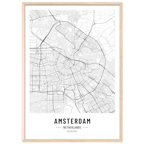 JUNOMI® Amsterdam Poster XL mit Rahmen Natur, DIN A2 Wohnzimmer Deko, Modernes Wandbild, Amsterdam Bild, Wandbild mit Rahmen, Stadtplan Poster Amsterdam, perfekte Geschenkidee von JUNOMI