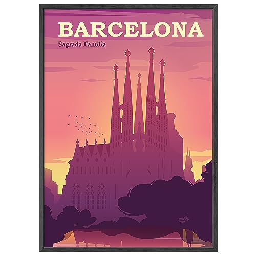 JUNOMI® Barcelona Poster XL, DIN A2 Wohnzimmer Deko, Modernes Wandbild, Spanien Bild, Reiseposter, Barcelona Wandbild | Mit Rahmen Schwarz von JUNOMI