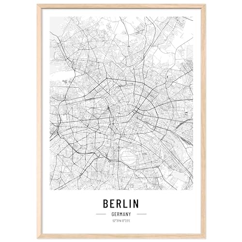 JUNOMI® Berlin Poster XL mit Rahmen Natur, DIN A2 Wohnzimmer Deko, Modernes Wandbild, Berlin Bild, Wandbild mit Rahmen, Stadtplan Poster Berlin, perfekte Geschenkidee für Berliner von JUNOMI