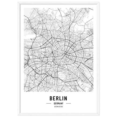 JUNOMI® Berlin Poster XL mit Rahmen Weiß, DIN A2 Wohnzimmer Deko, Modernes Wandbild, Berlin Bild, Wandbild mit Rahmen, Stadtplan Poster Berlin, perfekte Geschenkidee für Berliner von JUNOMI