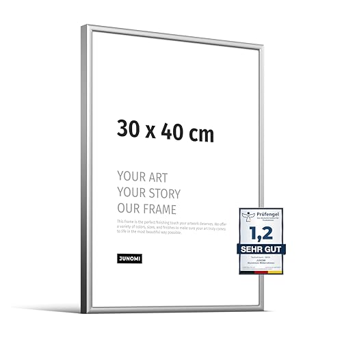 JUNOMI® Bilderrahmen 30x40 cm Aluminium | Farbe Silber (matt) | Wanddeko Metall mit bruchsicherem Acryl-Glas | Bilderrahmen Metall von JUNOMI