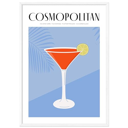 JUNOMI® Cosmopolitan Poster 50x70 cm, Cocktail, Longdrink, Bar, Getränke, Cocktail Set | mit Rahmen Weiß von JUNOMI