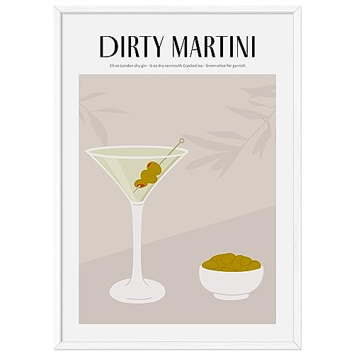 JUNOMI® Dirty Martini Poster DIN A2, Cocktail, Longdrink, Bar, Getränke, Cocktail Set | Mit Rahmen Weiß von JUNOMI