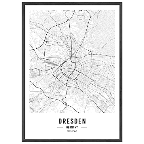 JUNOMI® Dresden Poster XL Schwarz Weiss, DIN A2 Wohnzimmer Deko, Modernes Wandbild, Dresden Bild, Wandbild ohne Rahmen, Stadtplan Poster Dresden, perfekte Geschenkidee für Dresdener von JUNOMI