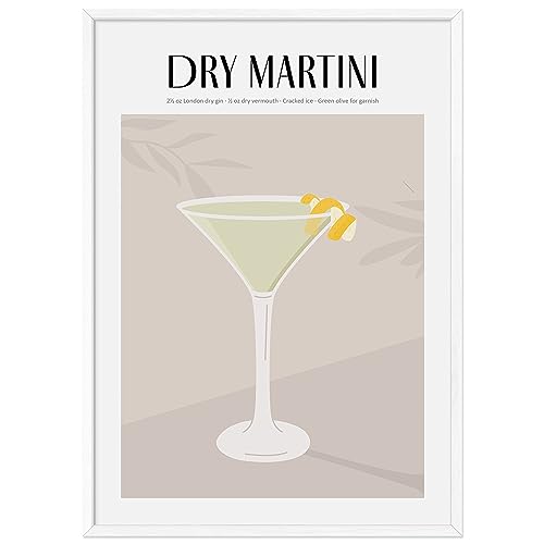 JUNOMI® Dry Martini Poster DIN A2, Cocktail, Longdrink, Bar, Getränke, Cocktail Set | Mit Rahmen Weiß von JUNOMI