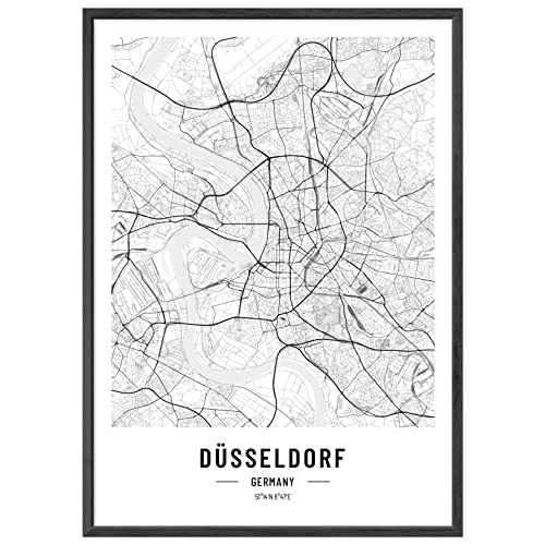 JUNOMI® Düsseldorf Poster XL Schwarz Weiss, DIN A2 Wohnzimmer Deko, Modernes Wandbild, Düsseldorf Bild, Wandbild ohne Rahmen, Stadtplan Poster Düsseldorf, perfekte Geschenkidee von JUNOMI