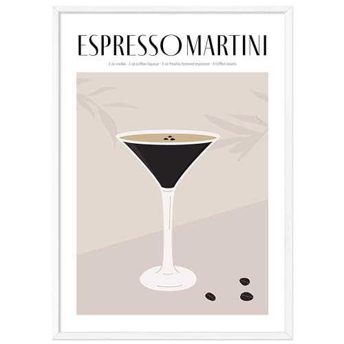 JUNOMI® Espresso Martini Poster 50x70 cm, Cocktail, Longdrink, Bar, Getränke, Cocktail Set | Mit Rahmen Weiß von JUNOMI