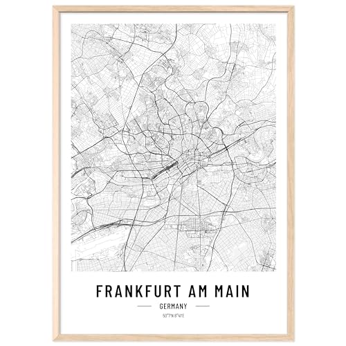 JUNOMI® Frankfurt Poster XL mit Rahmen Natur, DIN A2 Wohnzimmer Deko, Modernes Wandbild, Frankfurt Bild, Wandbild mit Rahmen, Stadtplan Poster Frankfurt, perfekte Geschenkidee für Frankfurter von JUNOMI