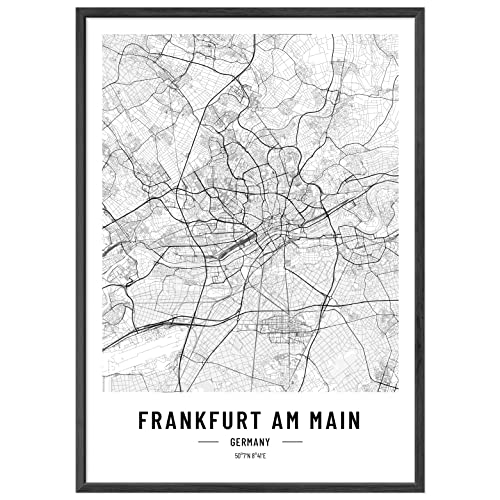 JUNOMI® Frankfurt Poster XL mit Rahmen Schwarz, DIN A2 Wohnzimmer Deko, Modernes Wandbild, Frankfurt Bild, Wandbild mit Rahmen, Stadtplan Poster Frankfurt, perfekte Geschenkidee für Frankfurter von JUNOMI