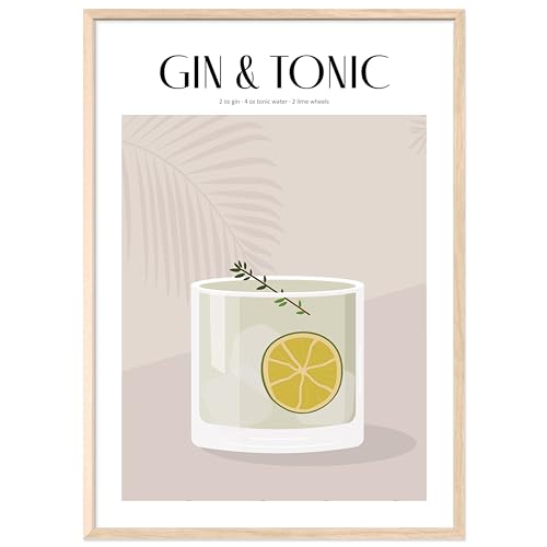 JUNOMI® Gin Tonic Poster 50x70 cm, Cocktail, Longdrink, Bar, Getränke, Cocktail Set | Mit Rahmen Natur von JUNOMI