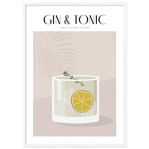 JUNOMI® Gin Tonic Poster 50x70 cm, Cocktail, Longdrink, Bar, Getränke, Cocktail Set | Mit Rahmen Weiß von JUNOMI
