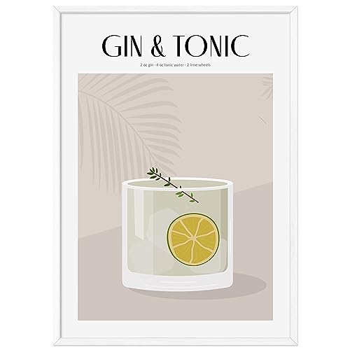 JUNOMI® Gin Tonic Poster DIN A2, Cocktail, Longdrink, Bar, Getränke, Cocktail Set | mit Rahmen Weiß von JUNOMI