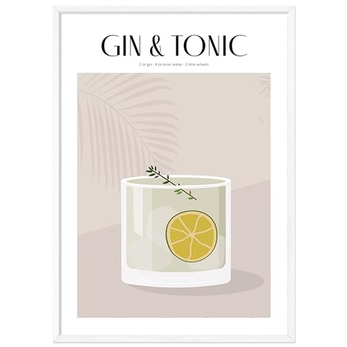 JUNOMI® Gin Tonic Poster DIN A3, Cocktail, Longdrink, Bar, Getränke, Cocktail Set | mit Rahmen Weiß von JUNOMI