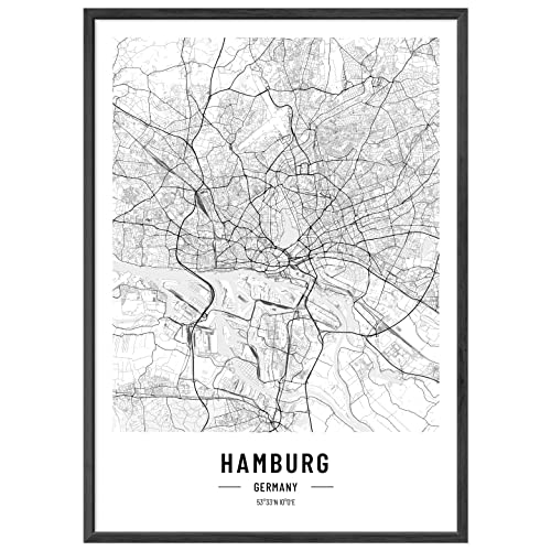 JUNOMI® Hamburg Poster XL mit Rahmen Schwarz, DIN A2 Wohnzimmer Deko, Modernes Wandbild, Hamburg Bild, Wandbild mit Rahmen, Stadtplan Poster Hamburg, perfekte Geschenkidee für Hamburger von JUNOMI