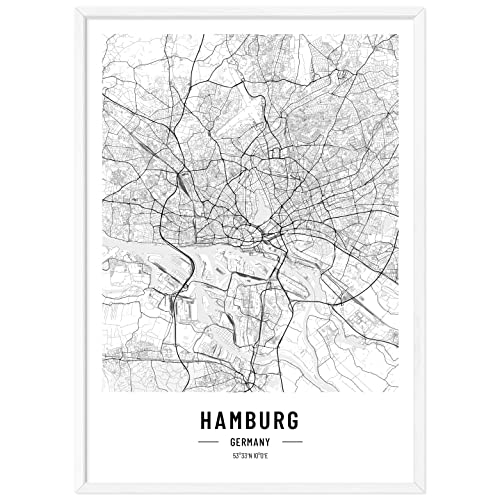 JUNOMI® Hamburg Poster XL mit Rahmen Weiß, DIN A2 Wohnzimmer Deko, Modernes Wandbild, Hamburg Bild, Wandbild mit Rahmen, Stadtplan Poster Hamburg, perfekte Geschenkidee für Hamburger von JUNOMI