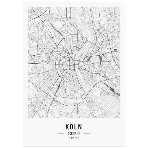 JUNOMI® Köln Poster DIN A4 Wohnzimmer Deko, Modernes Wandbild, Köln Bild, Wandbild ohne Rahmen, Stadtplan Poster Köln, perfekte Geschenkidee für Kölner von JUNOMI