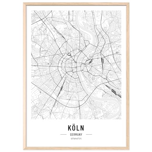 JUNOMI® Köln Poster XL mit Rahmen Natur, DIN A2 Wohnzimmer Deko, Modernes Wandbild, Köln Bild, Wandbild mit Rahmen, Stadtplan Poster Köln, Karneval, perfekte Geschenkidee für Kölner von JUNOMI