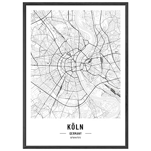 JUNOMI® Köln Poster XL mit Rahmen Schwarz, DIN A2 Wohnzimmer Deko, Modernes Wandbild, Köln Bild, Wandbild mit Rahmen, Stadtplan Poster Köln, Karneval, perfekte Geschenkidee für Kölner von JUNOMI