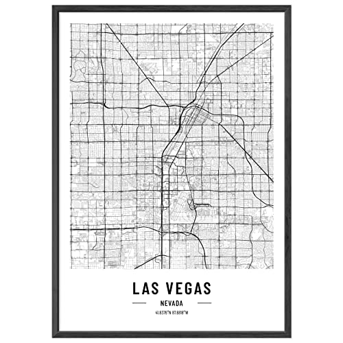 JUNOMI® Las Vegas Poster XL Schwarz Weiss, DIN A2 Wohnzimmer Deko, Modernes Wandbild, Las Vegas Bild, Wandbild ohne Rahmen, Stadtplan Poster Las Vegas, perfekte Geschenkidee von JUNOMI