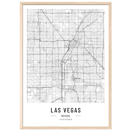 JUNOMI® Las Vegas Poster XL mit Rahmen Natur, DIN A2 Wohnzimmer Deko, Modernes Wandbild, Las Vegas Bild, Wandbild mit Rahmen, Stadtplan Poster Las Vegas, perfekte Geschenkidee von JUNOMI