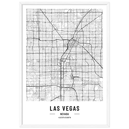 JUNOMI® Las Vegas Poster XL mit Rahmen Weiß, DIN A2 Wohnzimmer Deko, Modernes Wandbild, Las Vegas Bild, Wandbild mit Rahmen, Stadtplan Poster Las Vegas, perfekte Geschenkidee von JUNOMI