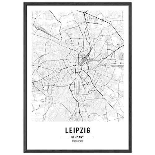 JUNOMI® Leipzig Poster XL Schwarz Weiss, DIN A2 Wohnzimmer Deko, Modernes Wandbild, Leipzig Bild, Wandbild ohne Rahmen, Stadtplan Poster Leipzig, perfekte Geschenkidee für Leipziger von JUNOMI