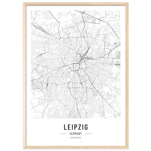 JUNOMI® Leipzig Poster XL mit Rahmen Natur, DIN A2 Wohnzimmer Deko, Modernes Wandbild, Leipzig Bild, Wandbild mit Rahmen, Stadtplan Poster Leipzig, perfekte Geschenkidee von JUNOMI