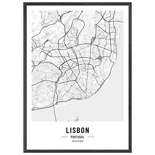 JUNOMI® Lissabon Poster XL, DIN A2 Wohnzimmer Deko, Modernes Wandbild, Portugal Bild, Wandbild mit Rahmen, Stadtplan Poster Lisboa, perfekte Geschenkidee von JUNOMI