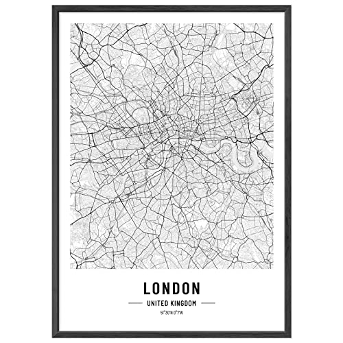 JUNOMI® London Poster XL mit Rahmen Schwarz, DIN A2 Wohnzimmer Deko, Modernes Wandbild, London Bild, Wandbild mit Rahmen, Stadtplan Poster London, perfekte Geschenkidee für Londoner von JUNOMI