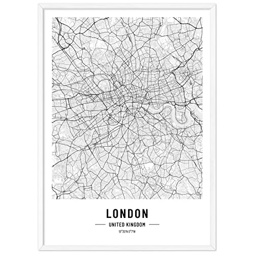 JUNOMI® London Poster XL mit Rahmen Weiß, DIN A2 Wohnzimmer Deko, Modernes Wandbild, London Bild, Wandbild mit Rahmen, Stadtplan Poster London, perfekte Geschenkidee für Londoner von JUNOMI