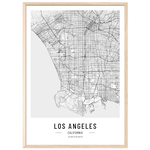 JUNOMI® Los Angeles Poster XL mit Rahmen Natur, DIN A2 Wohnzimmer Deko, Modernes Wandbild, Los Angeles Bild, Wandbild mit Rahmen, Stadtplan Poster Los Angeles, perfekte Geschenkidee von JUNOMI