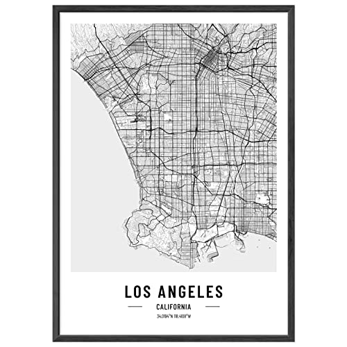 JUNOMI® Los Angeles Poster XL mit Rahmen Schwarz, DIN A2 Wohnzimmer Deko, Modernes Wandbild, Los Angeles Bild, Wandbild mit Rahmen, Stadtplan Poster Los Angeles, perfekte Geschenkidee von JUNOMI