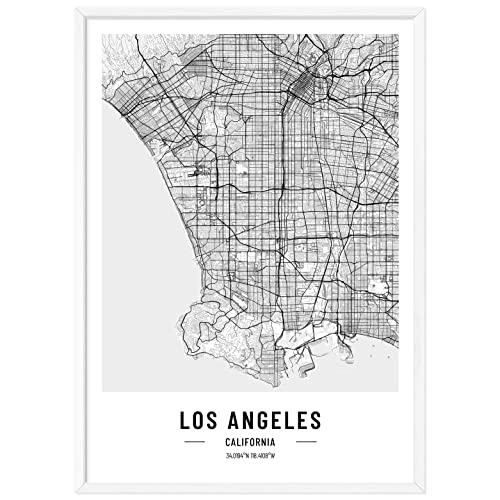 JUNOMI® Los Angeles Poster XL mit Rahmen Weiß, DIN A2 Wohnzimmer Deko, Modernes Wandbild, Los Angeles Bild, Wandbild mit Rahmen, Stadtplan Poster Los Angeles, perfekte Geschenkidee von JUNOMI