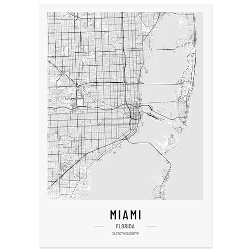 JUNOMI® Miami Poster 50x70 cm Wohnzimmer Deko, Modernes Wandbild, Miami Bild, Wandbild ohne Rahmen, Stadtplan Poster Miami, perfekte Geschenkidee für Miamier von JUNOMI
