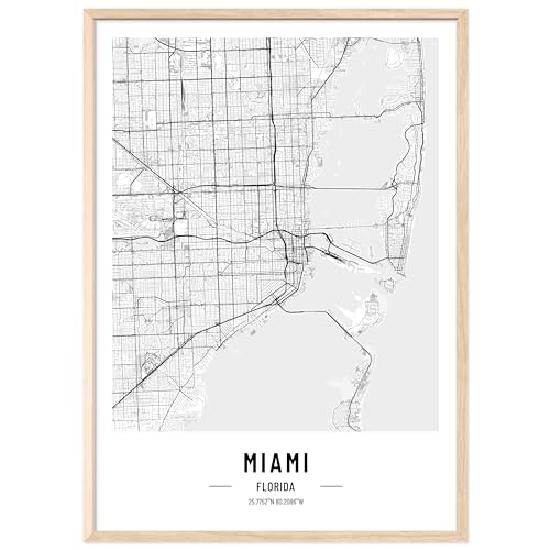 JUNOMI® Miami Poster XL mit Rahmen Natur, DIN A2 Wohnzimmer Deko, Modernes Wandbild, Miami Bild, Wandbild mit Rahmen, Stadtplan Poster Miami, perfekte Geschenkidee von JUNOMI