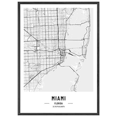 JUNOMI® Miami Poster XL mit Rahmen Schwarz, DIN A2 Wohnzimmer Deko, Modernes Wandbild, Miami Bild, Wandbild mit Rahmen, Stadtplan Poster Miami, perfekte Geschenkidee von JUNOMI